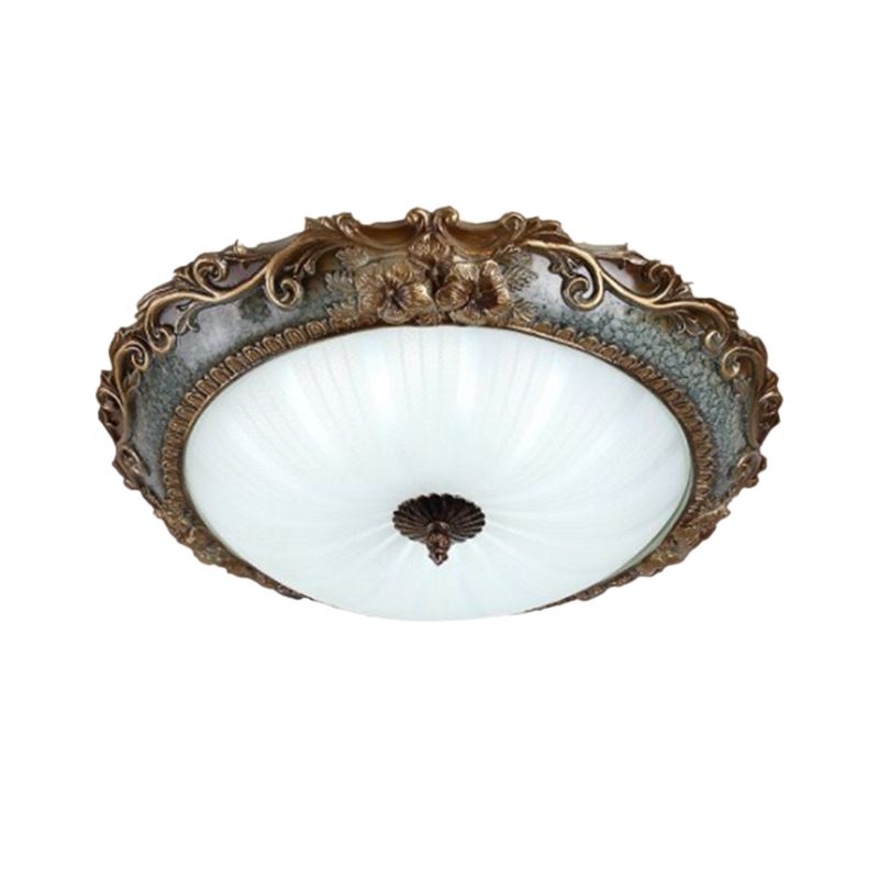 Resin Brass Flush Mount Lighting Round Shape 12"/16"/19.5" W 2/3-Light Rustic Ceiling Lamp with Floral Pedestal