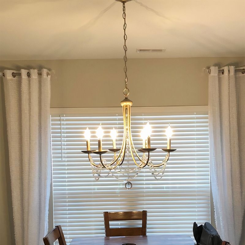 Candle Style Bedroom Chandelier Countryside Metal 6-Light Suspension Lighting with Crystal Deco
