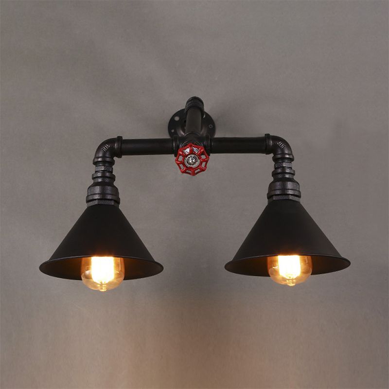 Vintage -Style -Kegelwandlampe mit Wasserrohr 2 Lichter Metallische Wandleuchte in Schwarz, 14,5/18,5 "Breite