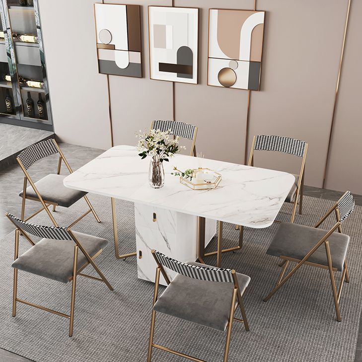 Mesa de comedor rectangular contemporánea, mesa abatible de piedra sinterizada con base de metal para comedor