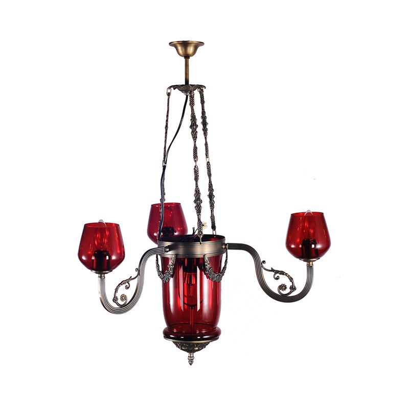 Red Glass Black Ceiling Chandelier Cup Shaped 4 Heads Art Deco Suspension Pendant Light