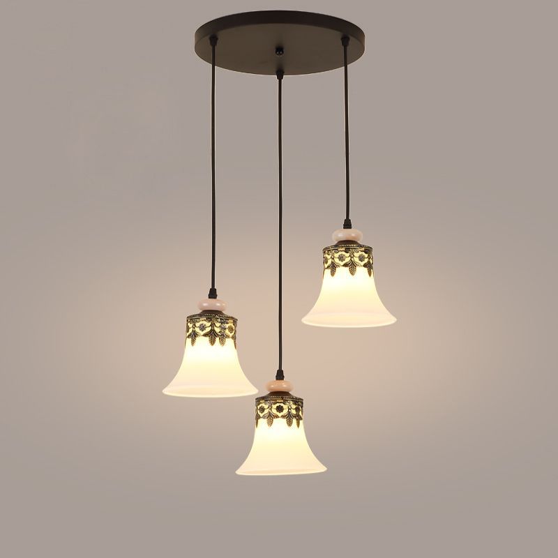 Clustro a campana nero a ciondolo tradizionale vetro smerigliato a 3 luci soggiorno lampada sospesa