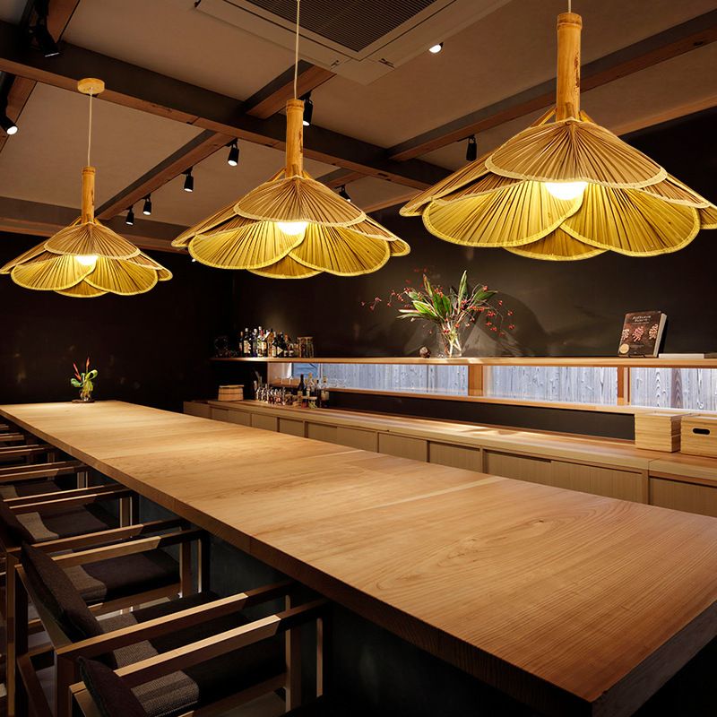 Bambú de techo de ventilador moderno 1 colgante de suspensión de luz en madera para restaurante