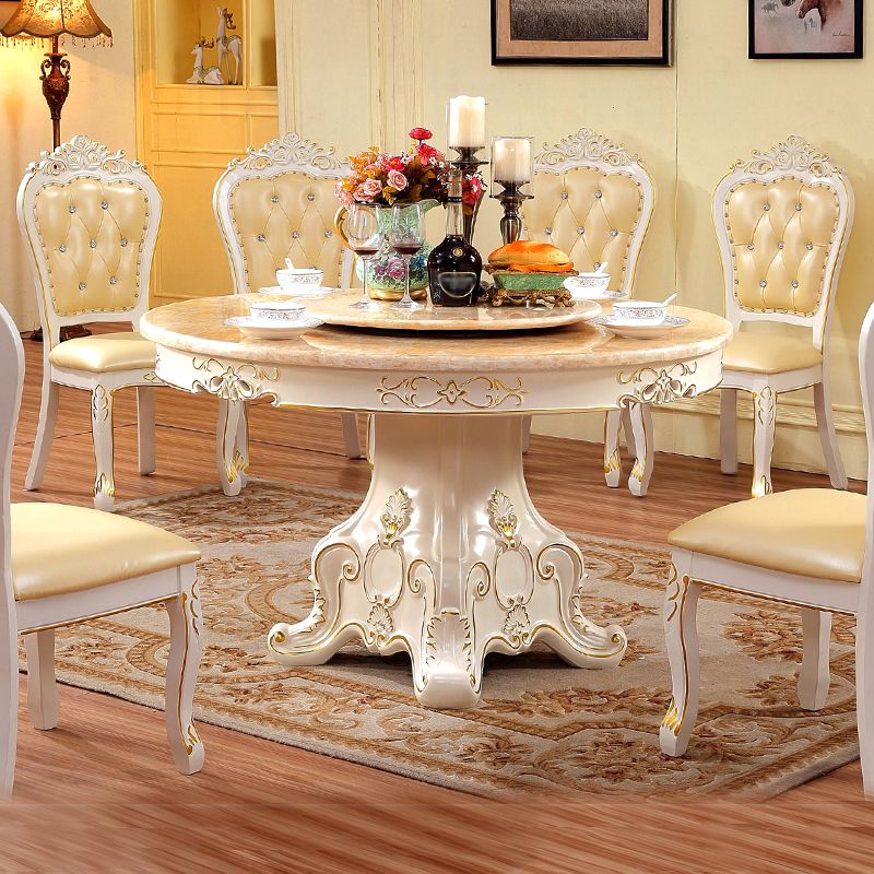 Solid Wood Victorian Round Dining Table Faux Marble Top Table with Wooden Pedestal