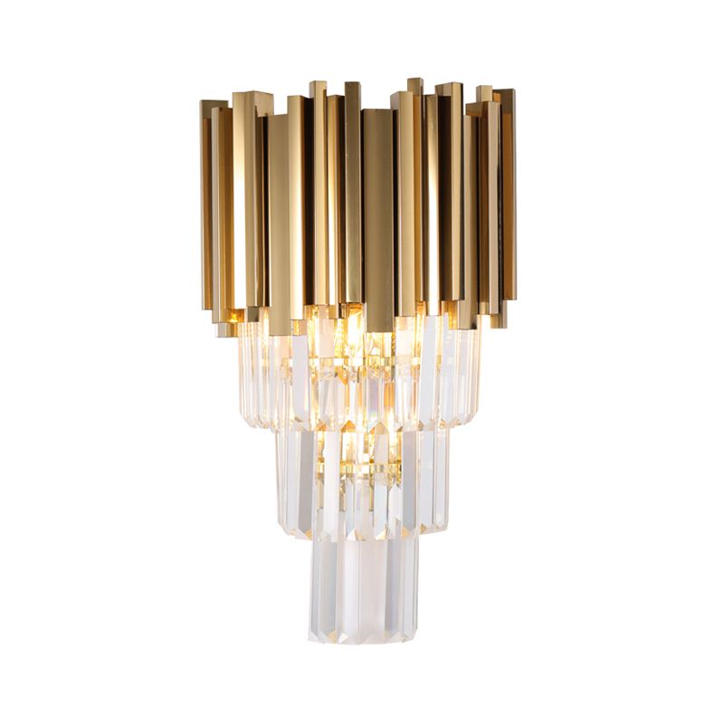 Contemporary Multi Layer Wall Lamp Metal and Crystal Prisms 2/3 Bulbs Wall Mounted Light in Brass