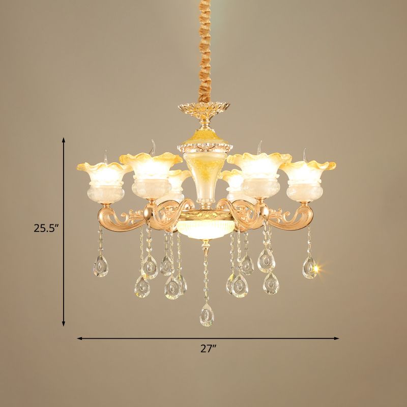 Fading Yellow Glass Ruffle Chandelier Postmodern 6 Lights Hotel Hanging Lamp in Gold