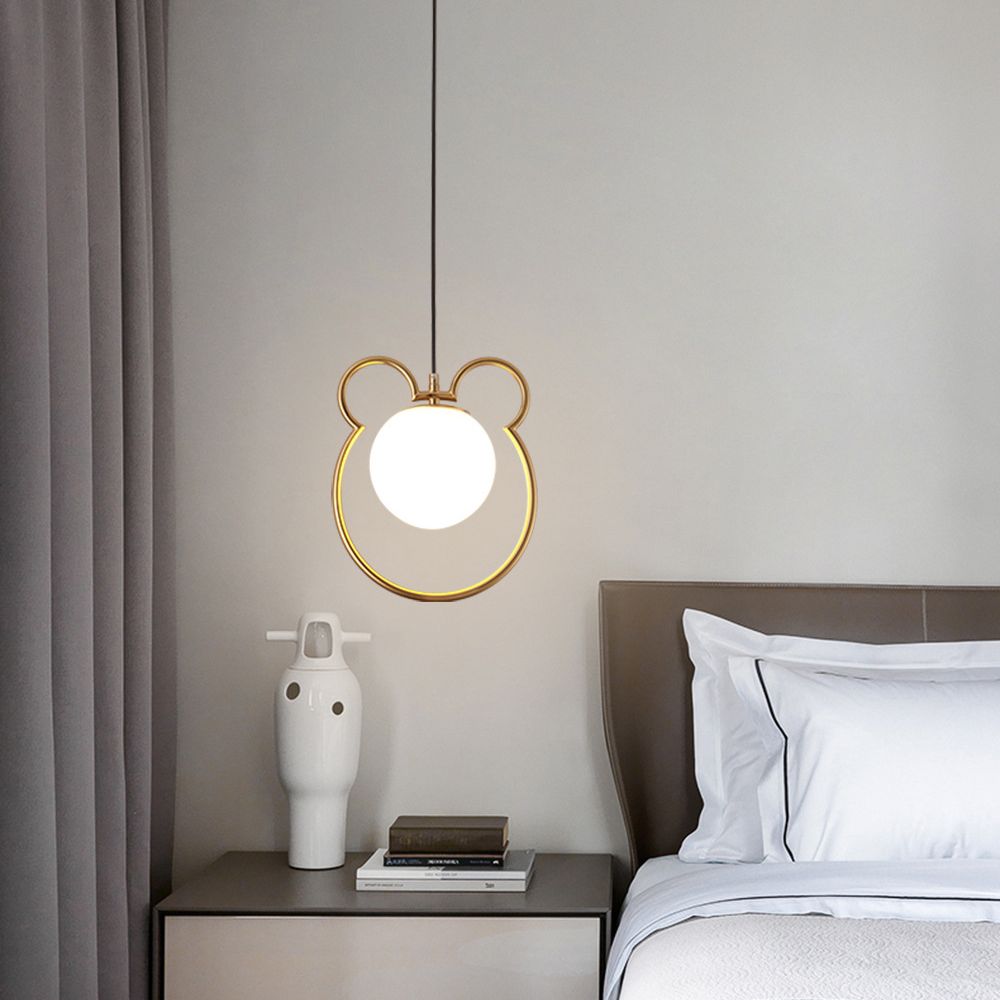 Nordic Minimalism Little Bear Lines Frame Hanging Light with White Glass Ball Shade Mini Pendant Fixtures for Bedside