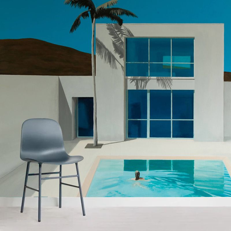Swimming Pool Wall Mural Blue and White Art Deco Wall Covering for Living Room, Custom-Print
