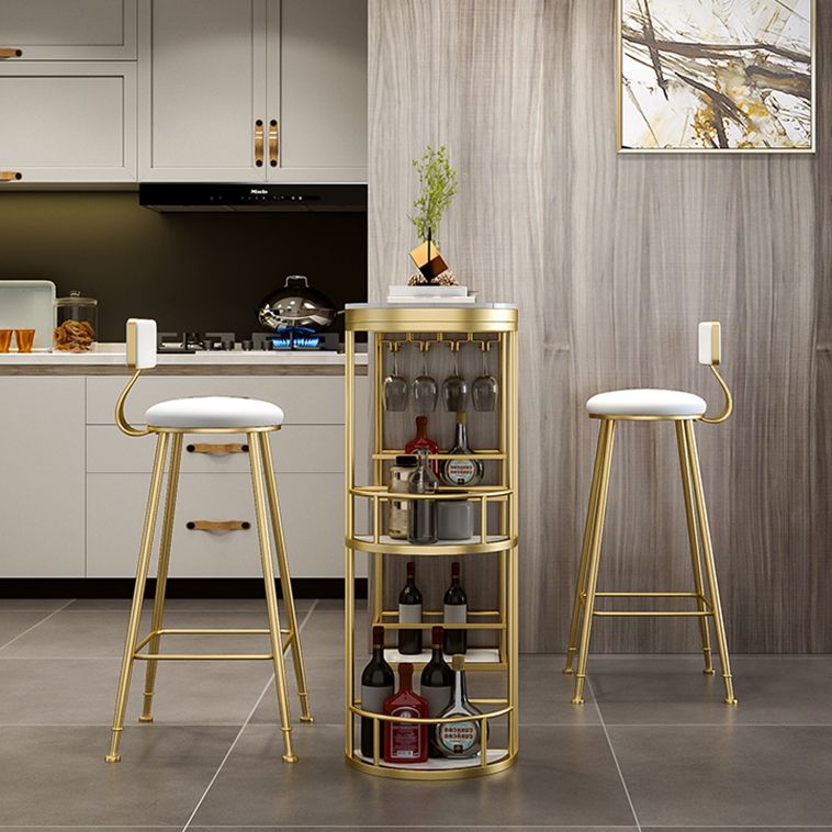 Glam White Stone Bar Dining Table Iron Double Pedestal Bistro Table with Shelf