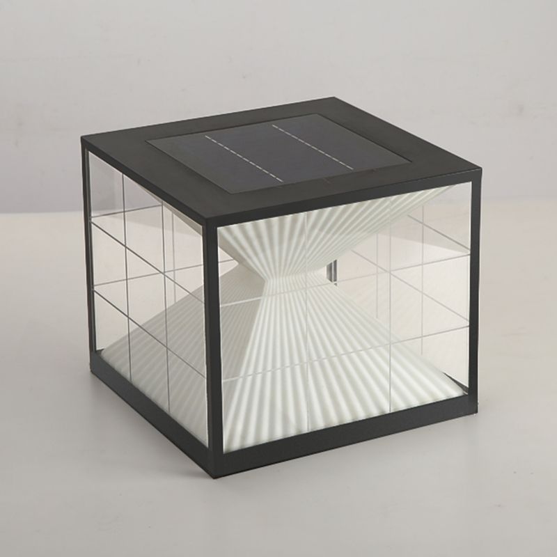 Square Shape Metal Solar Pillar Lamp Modern Style 1 Light Outdoor Light in Black