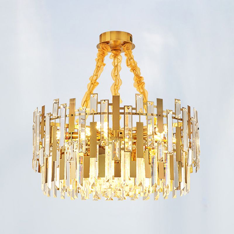 9 Heads Drum Chandelier Contemporary Gold Blocks Clear Crystal Prisms Pendant Ceiling Light