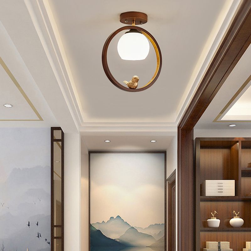 Round Shape Ceiling Lamp Modern Wood 1 Light Flush Mount with Glass Lampshade for Aisle