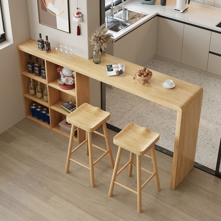 Solid Wood Bar Dining Table Pedestal Rectangle Bistro Bar Table in Natural with Shelves