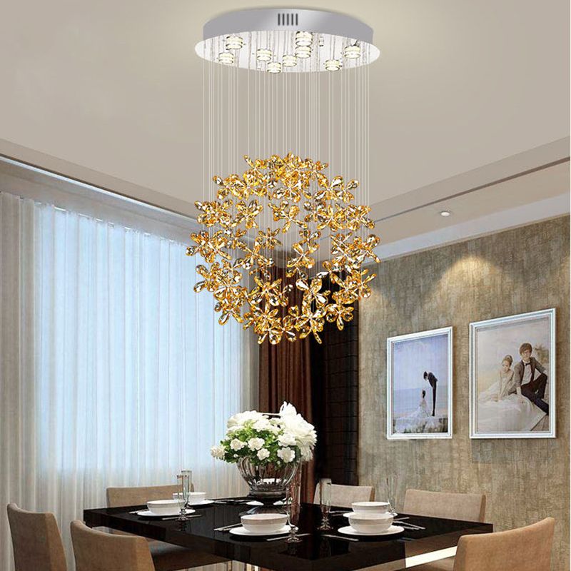 Kugel-Deckenleuchte, moderner klarer Kristall, 16"/19,5" B, 9 Lichter, Esszimmer-Einbauleuchte in Nickel