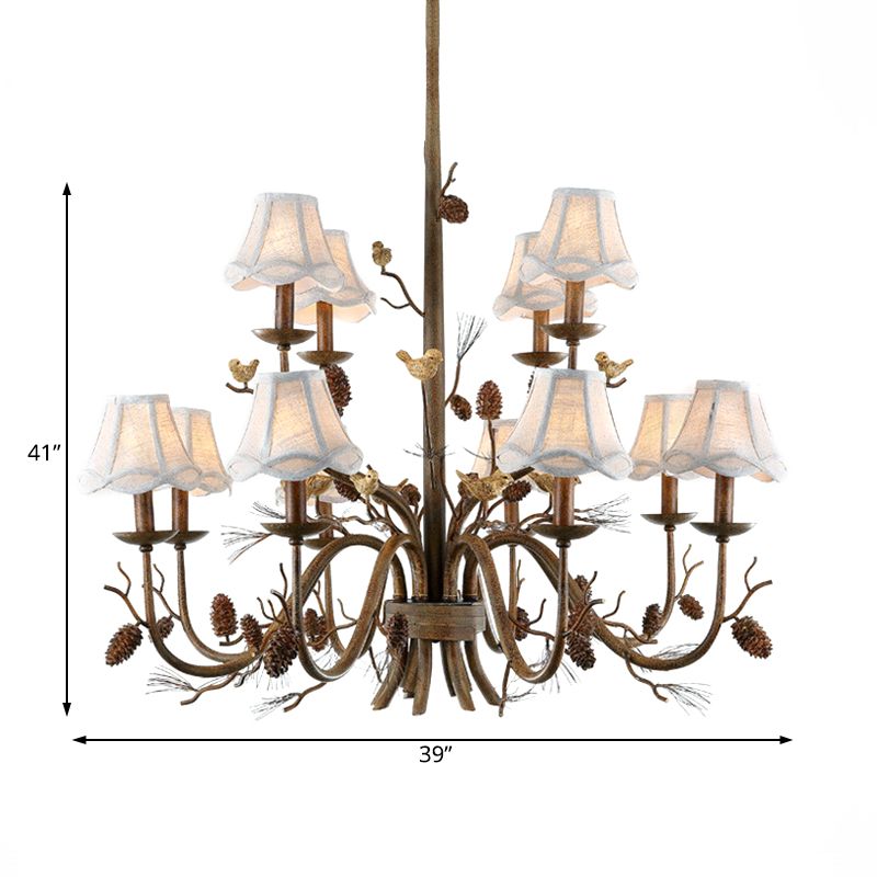12 Lights Scalloped Chandelier Rustic Brown Metal Pendant Light Fixture with White Fabric Shade