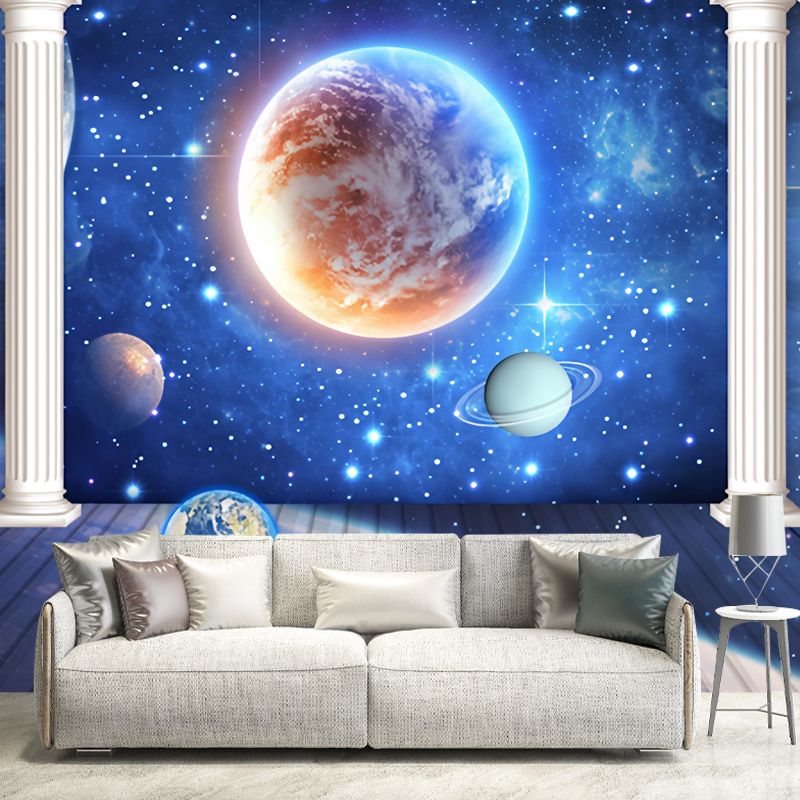 Blue Column and Galaxy Mural Stain-Resistant Wall Art for Office Room Decoration