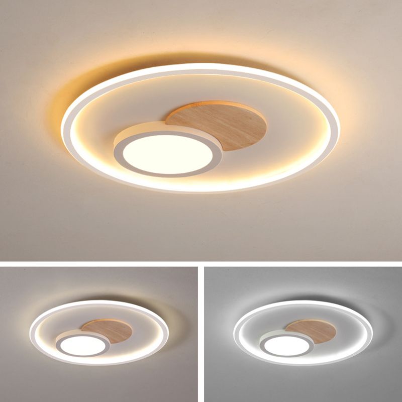 White Round Flush Light Modern Wood LED Ceiling Light Fixture for Bedroom