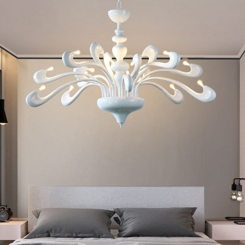 Swan Living Room Chandelier Metallic 12 Bulbs Minimalist Hanging Light Fixture in White