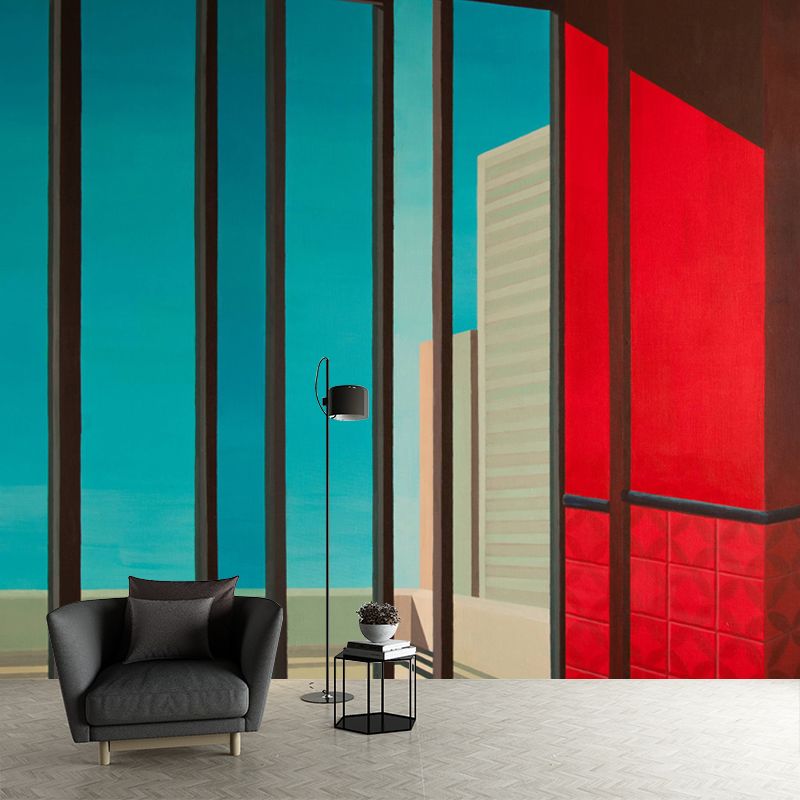 Contemporary Window Painting Murals Red-Blue Waterproofing Wall Art for Living Room