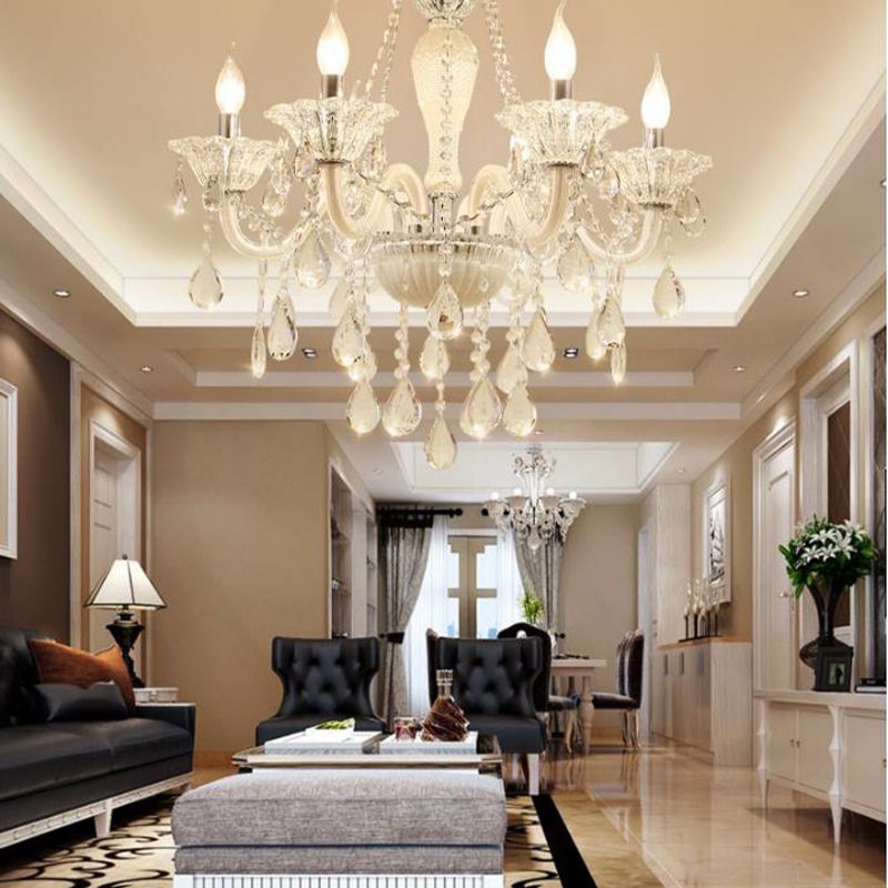 Modern Candle Hanging Chandelier Clear Crystal Glass 6 Bulbs Living Room Pendant Ceiling Light in White
