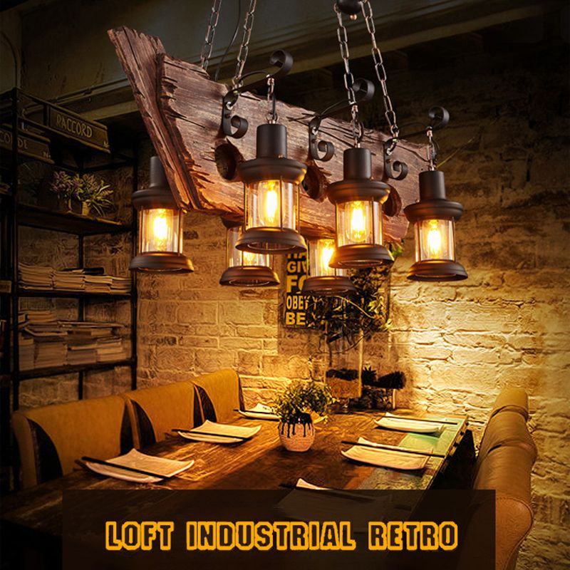 Cylinder Wood Island Pendant Light Industrial Restaurant Island Light Fixture in Distressed Wood