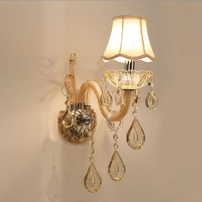 1/2-Head Swirled Arm Wall Lighting Traditional Champagne Crystal Drops Sconce with Flared Fabric Shade