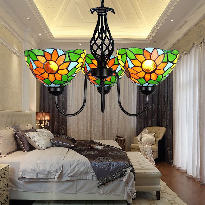 Sunflower Chandelier with Bowl Shade and Curved Arm Lodge Stained Glass Pendant Light in Green