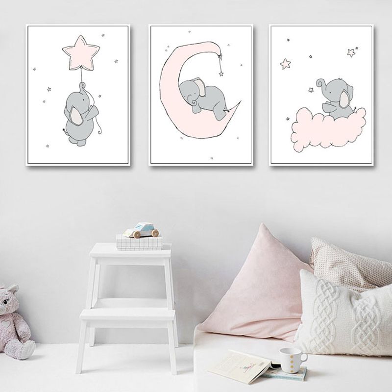 Children's Art Cartoon Elephant Wall Decor Pastel Color Sitting Room Wrapped Canvas
