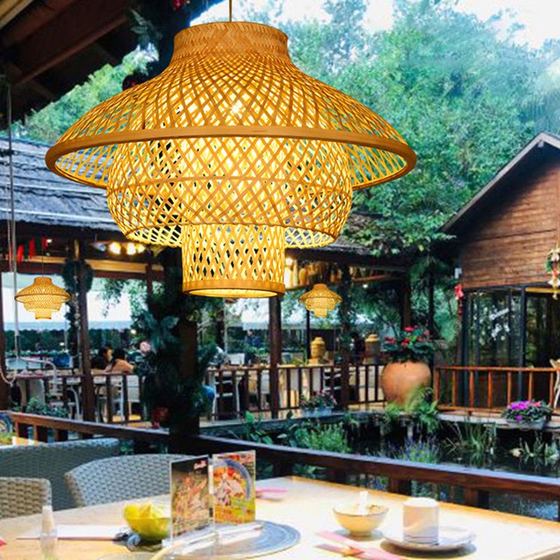 Layered Bamboo Suspension Light Simplicity 1-Light Wood Pendant Light for Restaurant