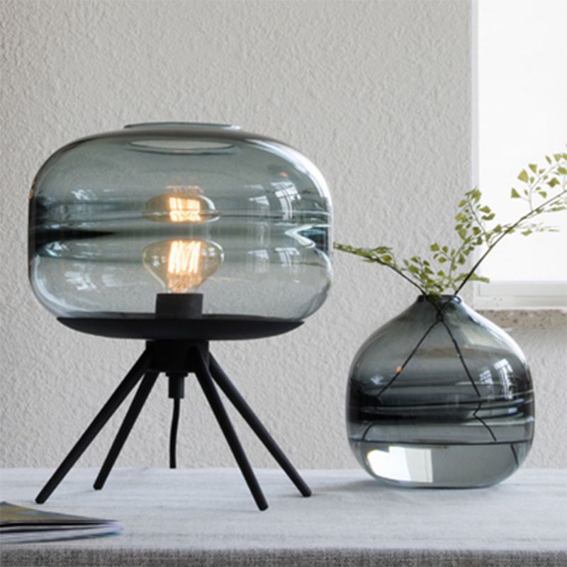 Black Drum Single Table Lamp in Modern Concise Style Wrought Iron Table Light with Glass Shade