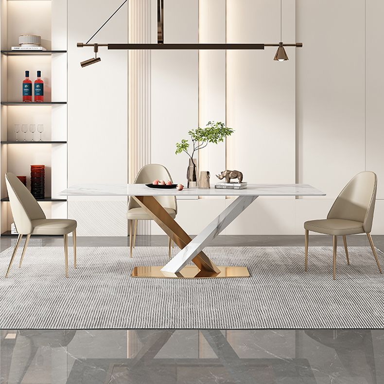 Glam White Sintered Stone Dining Table Rectangle Shape Standard Dining Table for Kitchen