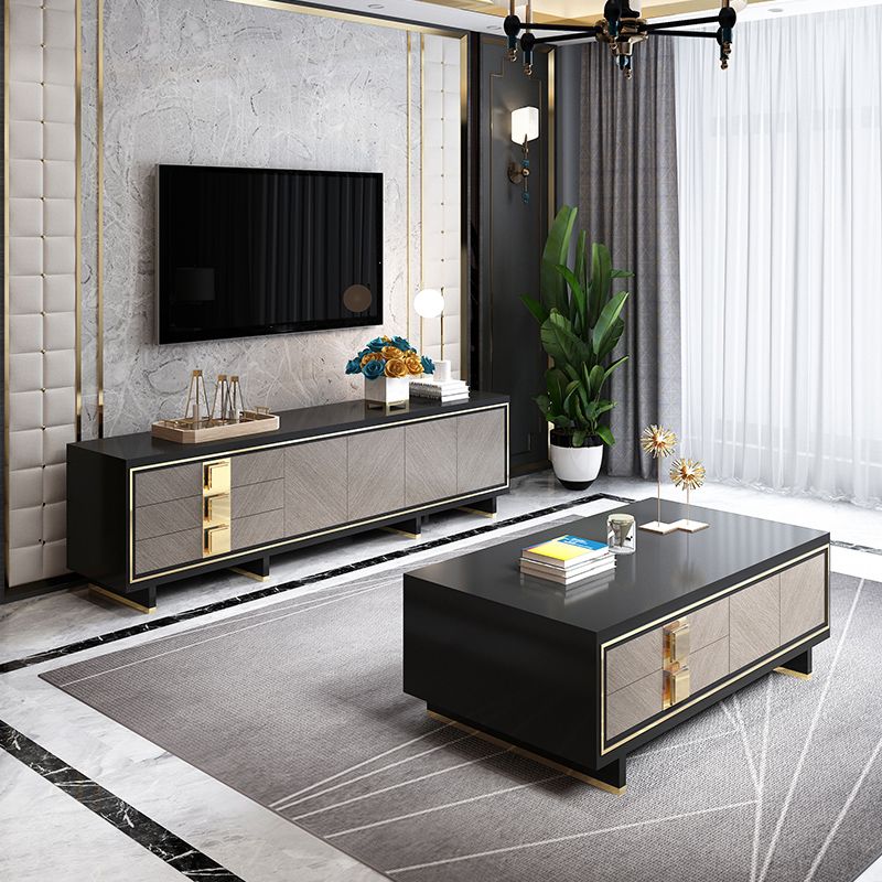 Luxury Black Enclosed TV Storage Home Rectangle Glass TV Cabinet