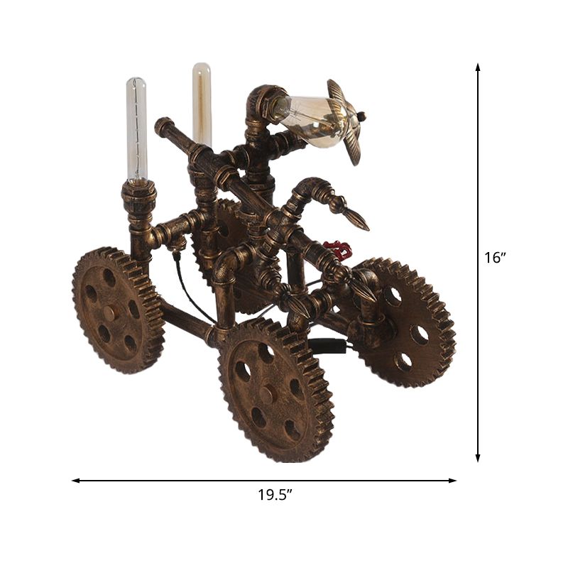 3-Light Iron Nightstand Light Industrial Brass Finish War Chariot Shaped Coffee House Table Lamp with Plug-In Cord