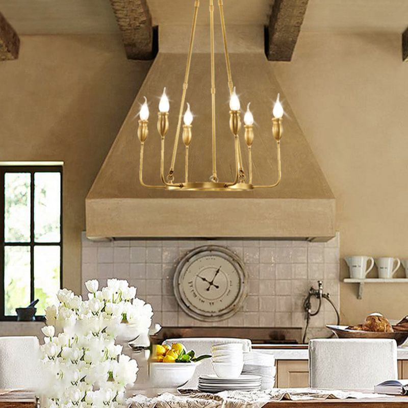 Candlestick Dining Table Suspension Lamp Retro Metal 6/8-Light Gold Chandelier Pendant Light with Adjustable Hanging Rod