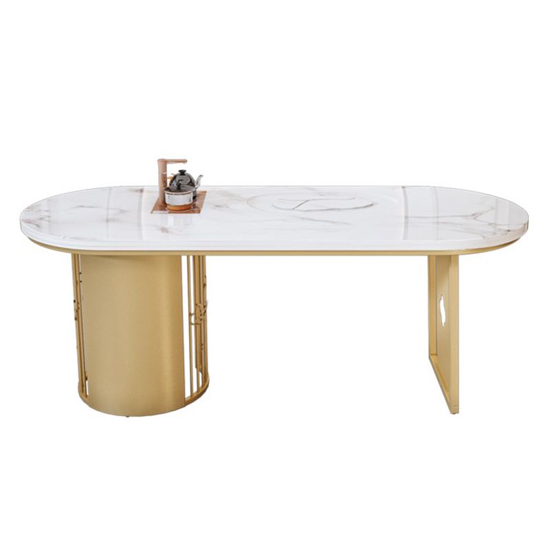 Traditional Luxury Oval Dining Table Sintered Stone Table with Gold Double Pedestal for Dining Room
