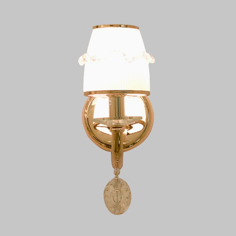 1/2 Bulbs Frosted Glass Sconce Traditionalist Gold Barrel Living Room Wall Mounted Light with Clear Crystal Drop