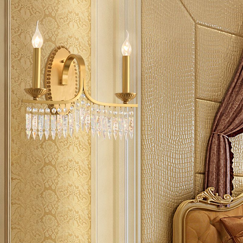 Brass Candle Sconce Light Fixture Retro 2 Lights Crystal Wall Mounted Lighting with Metal Arm