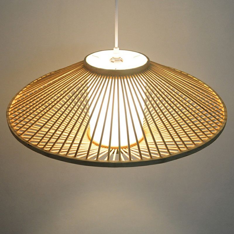 Conical Cage Bamboo Suspension Light Contemporary 1 Head Wood Ceiling Pendant Lamp