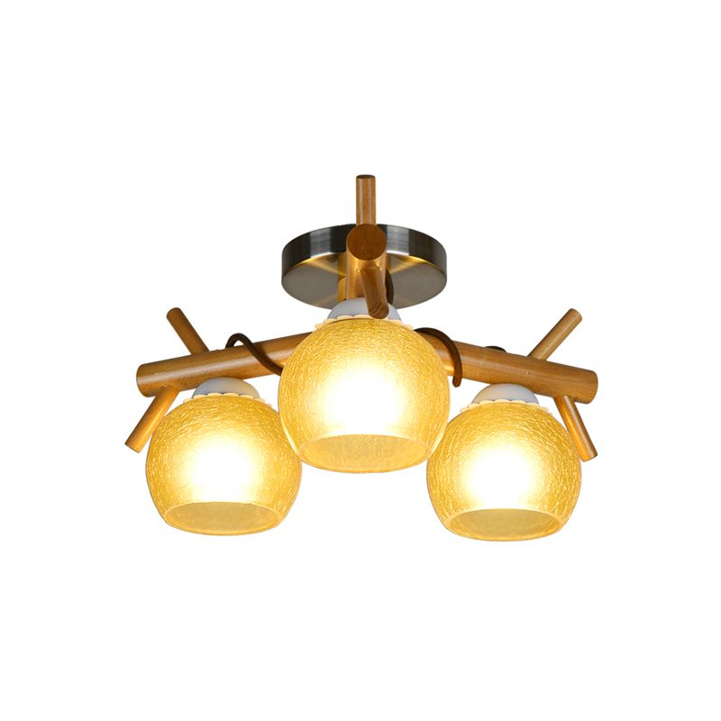 Beige Cracked Glass Orb Semi Flush Monte Modernismo 3 Cabeza cerca de la iluminación del techo con brazo de rama de madera