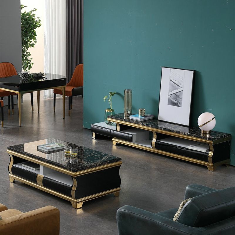 Marble Coffee or End Table with Storage Drawers Rectangle Block