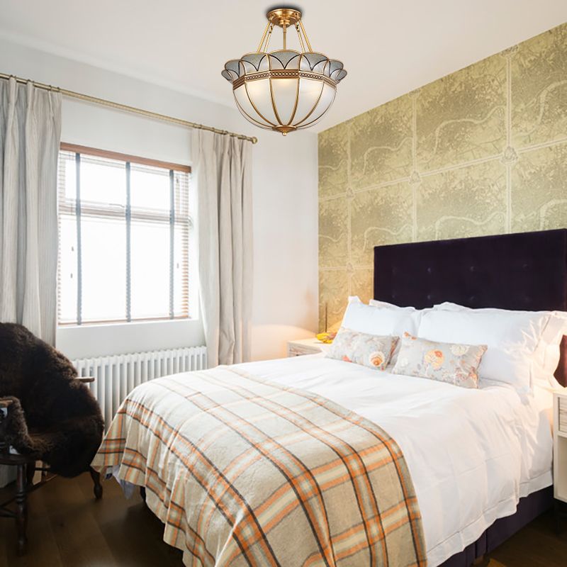 Bowl Milky Glass Ceiling Lighting Colonial 4 Bulbs Living Room Semi Flush Mount Ceiling Light in Brass