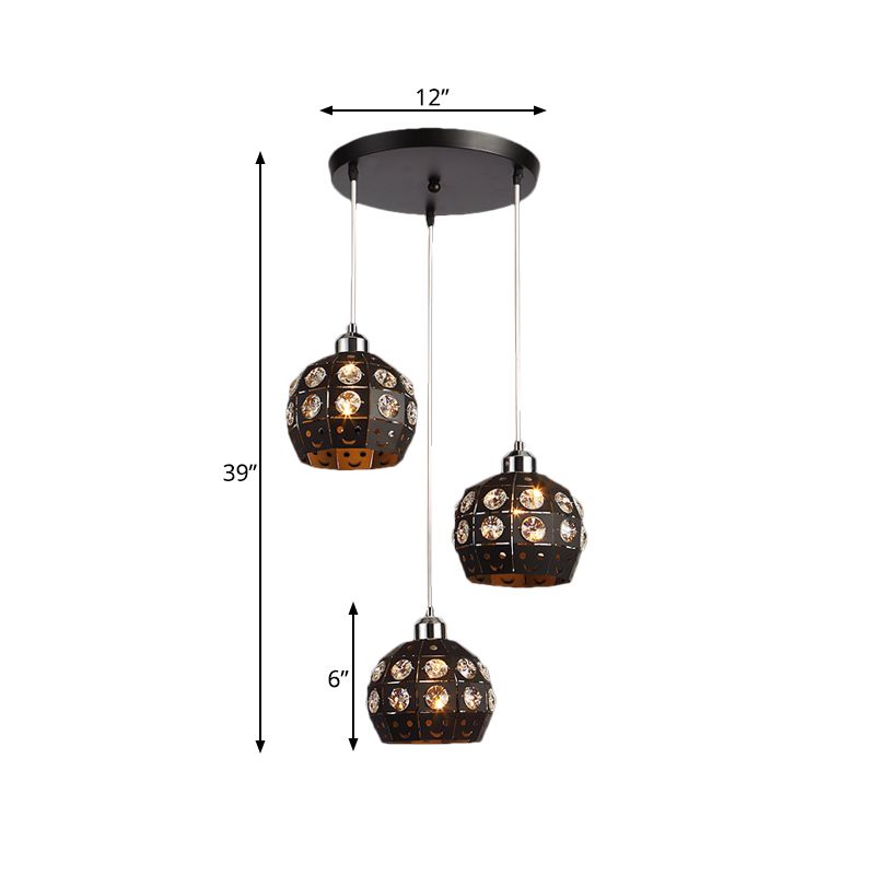 Dome Comedor de comedor Light Crystal incrustado 3 cabezas de lámpara de múltiples cabezas modernistas en negro