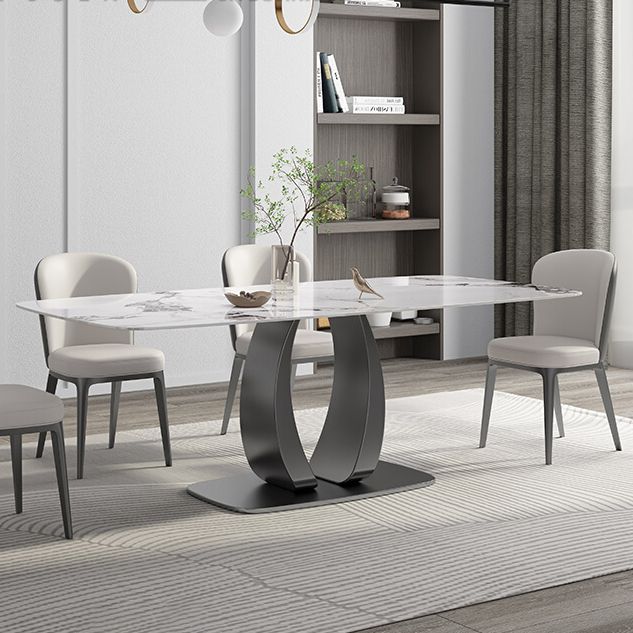 Rectangular Stone Top Dining Table Double Pedestal Metal Base for Living Room