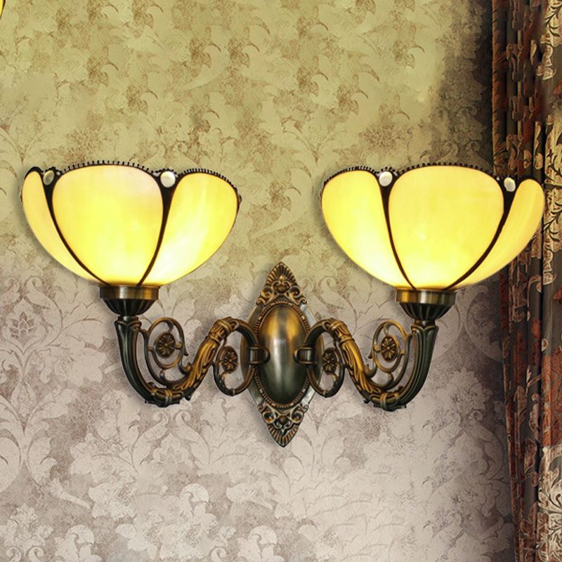 2 Heads Bedside Wall Light Fixture Baroque Bronze Surface Wall Sconce with Scalloped Beige Glass Shade