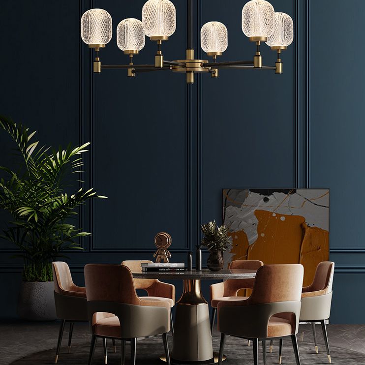 6 luces H65 Cobre Estilo moderno Candelera ovalada Prismática Vidry Shade Iluminación de iluminación para sala de estar