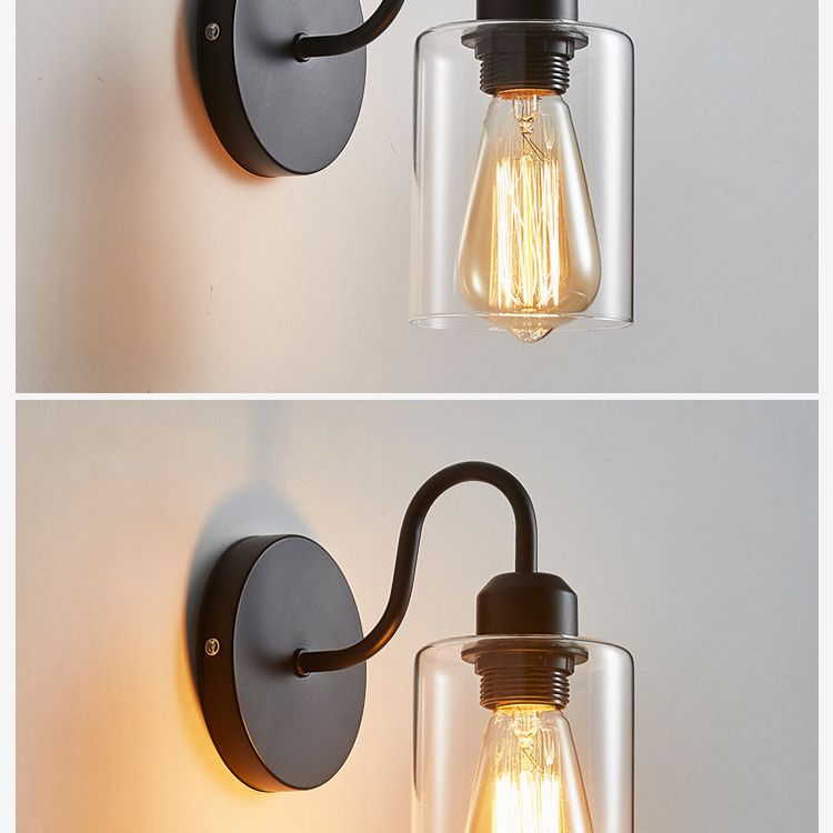 Metal Armed Wall Sconce Single Light Wall Lamp with Cylinder Glass Shade for Bedroom