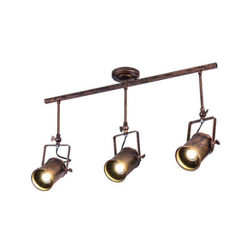 Antique Style Cylinder Track Light 1/2/3-Light Wrought Iron Semi-Flush Ceiling Light in Dark Rust for Coffee Shop