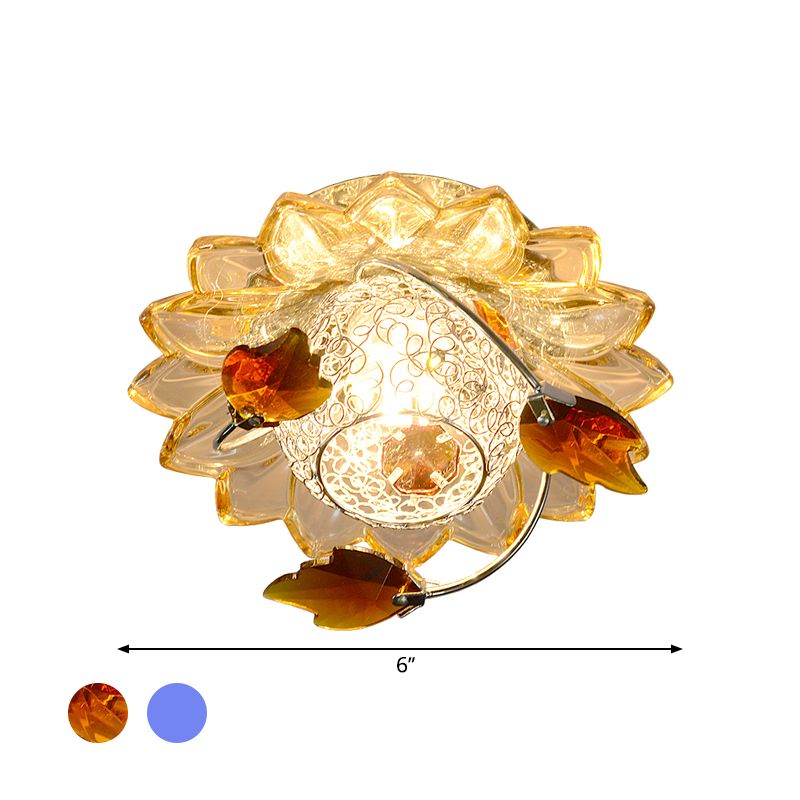 Globe Flush Mount Fixture Modern Metal 1 Bulb Blue/Tan Ceiling Light in Warm/White Light with Crystal Maple Leaf Deco