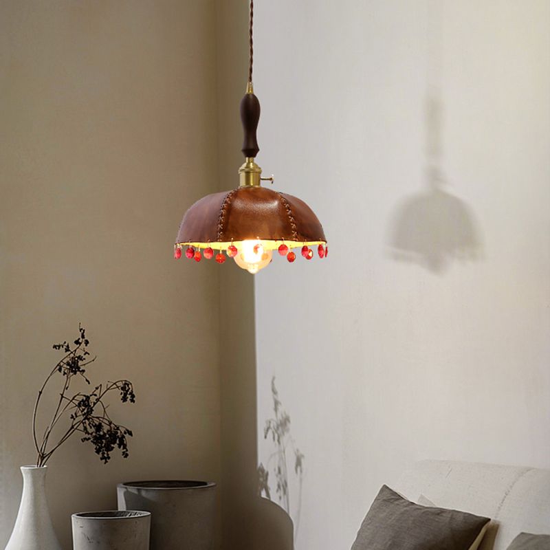 Leather Bowl Shape Hanging Lights Modern Style 1 Head Hanging Mount Fixture with Crystal