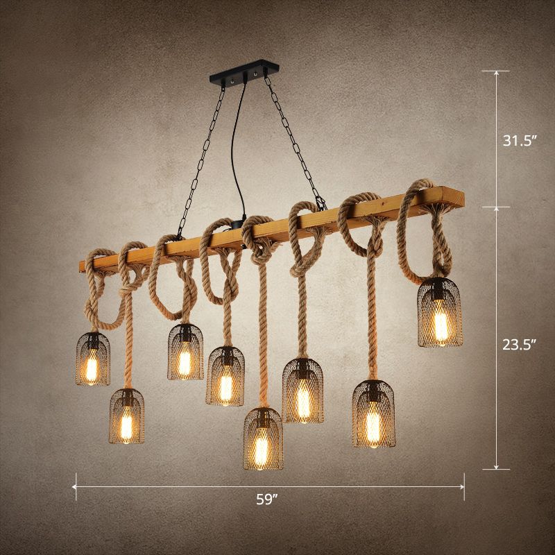 Mesh de campagne suspendue pendante éclairage îlot métallique avec cordon de corde en bois